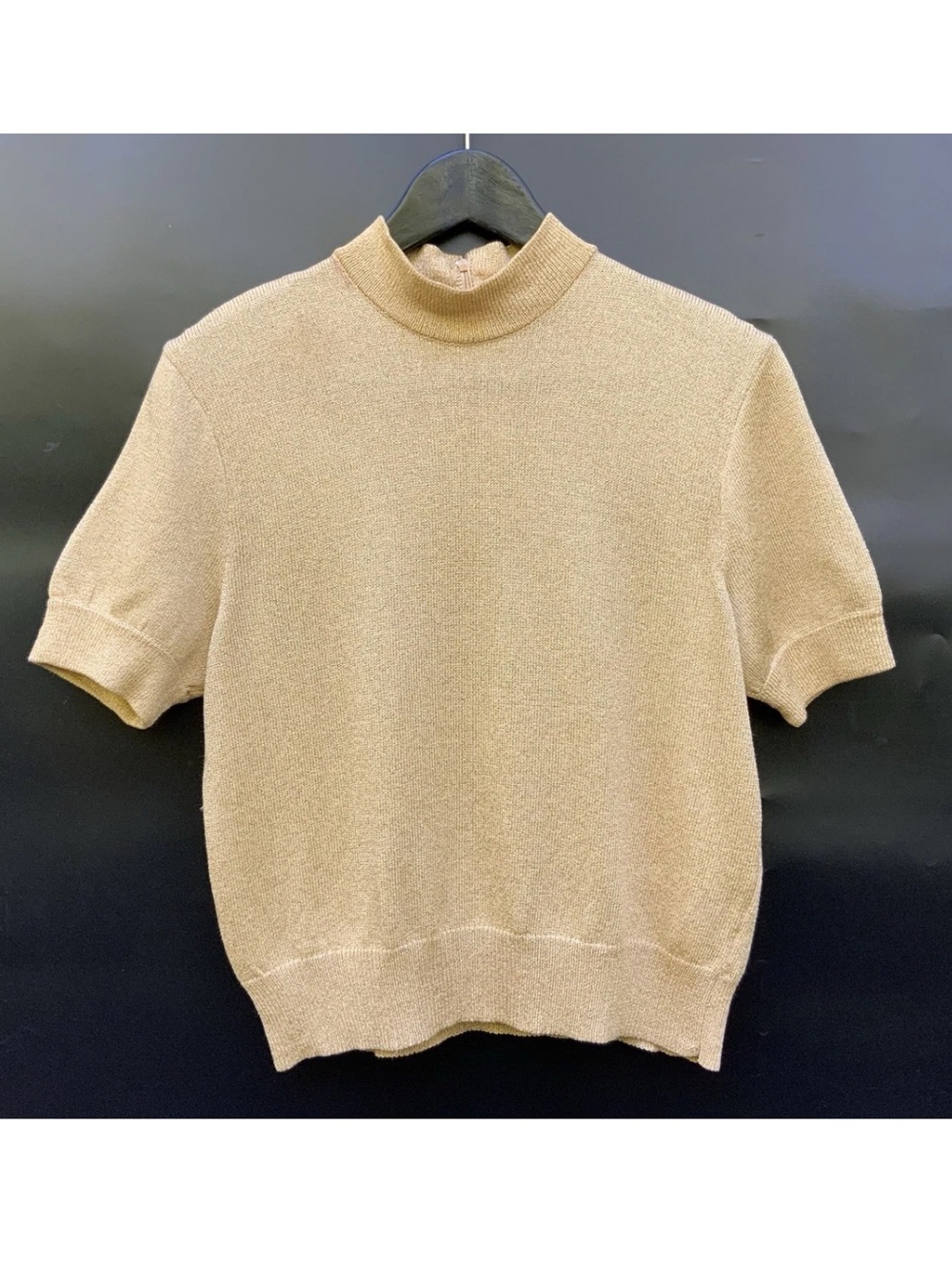 St. John Santana Knit Gold Metallic Mock Neck Short Sleeve Sweater Size S